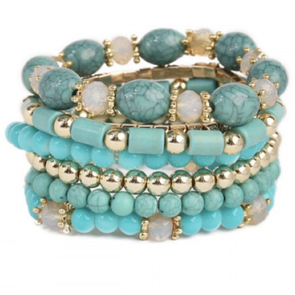 Last ONE! Vibrant Boho Style Turquoise/Gold Toned Stretchy Stacking Bracelets - Picture 3 of 4